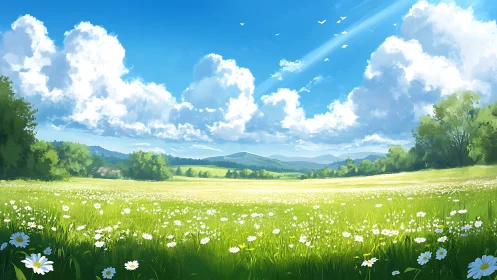 Sunlit wildflower meadow under expansive summer sky.