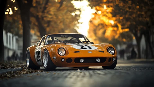 Low-slung vintage race car under soft autumn sunset glow.