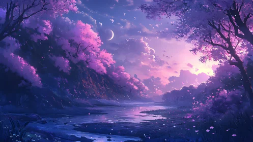 Luminous twilight river under crescent moon and sakura canopy.
