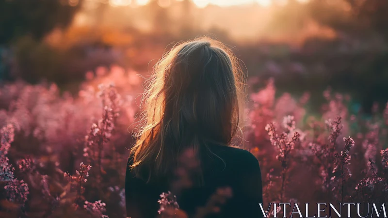 Back view of woman in pink wildflowers at sunset.