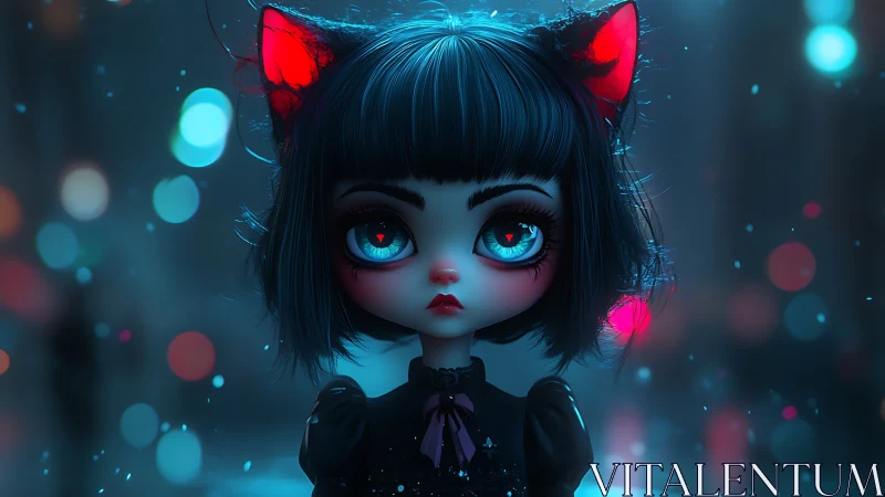 Gothic catgirl stands under neon bokeh in moody night street