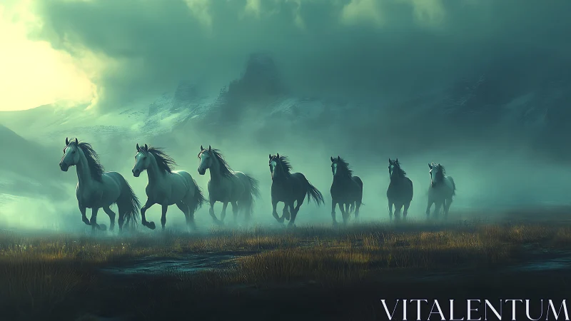 Wild white horses charge across a misty mountain plain
