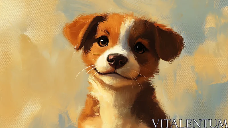 Brown and white puppy portrait in soft digital paint.