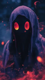 Hooded spectral figure with glowing ember eyes emerging.