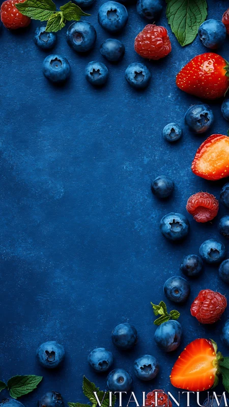 Fresh summer berries frame deep blue textured background