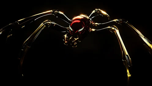 Metallic spider drone glows ominously against black void