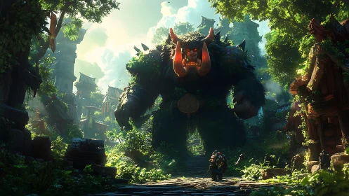 Colossal forest warbeast confronts lone warrior in ruins.