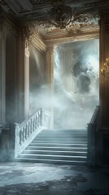 Ghostlit marble staircase waits beneath a breathing ceiling