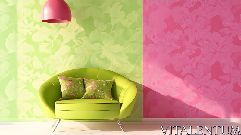 Lime loveseat in a playful split-pink floral corner retreat.