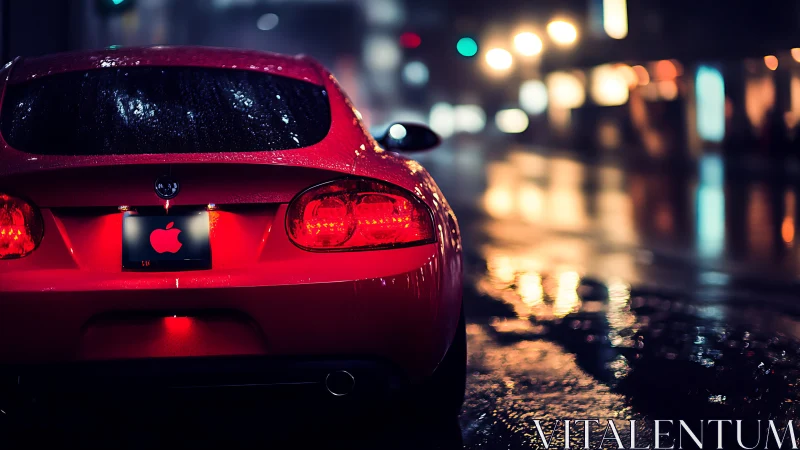 Neon‑lit rear view of red sports coupe in rainy urban street.