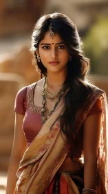 Elegant woman in traditional saree stands in warm sunlight.