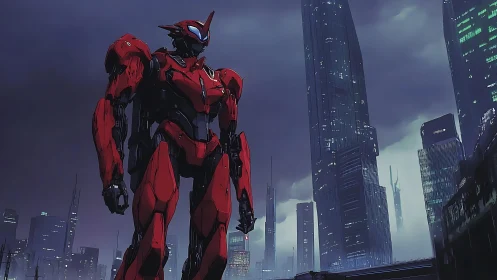 Red humanoid mecha stands among dense futuristic skyscrapers