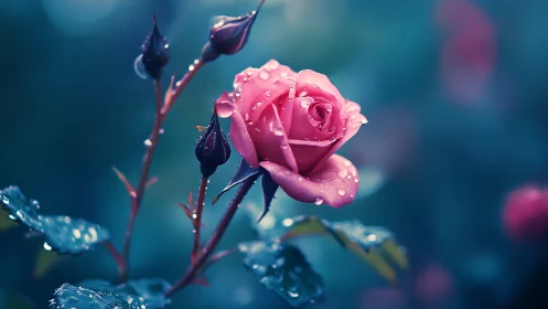 Pink Rose With Water Droplets Against Turquoise Background