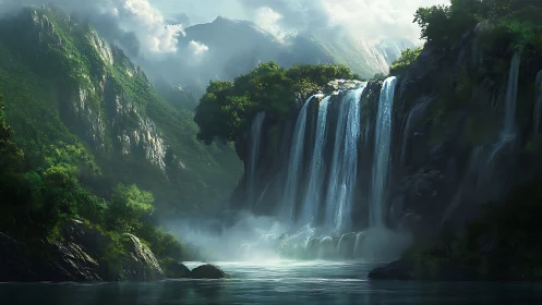 Digitally rendered multi-tiered waterfall in steep valley