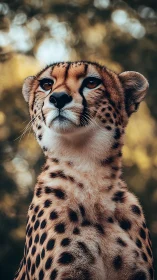 Regal cheetah gazes forward against soft forest bokeh background.