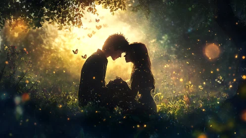 Silhouetted figures in backlighting with ambient bokeh effect and particles.