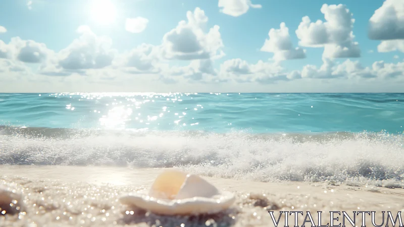 Sunlit seashell rests on bright shore beside gentle surf
