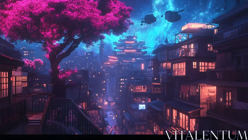 Neon city glow beneath a dreamy pink sakura night sky.
