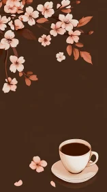 Minimalist coffee cup and stylized blossoms in monochrome palette