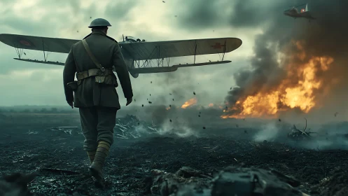 World War battlefield scene with biplane and explosions.