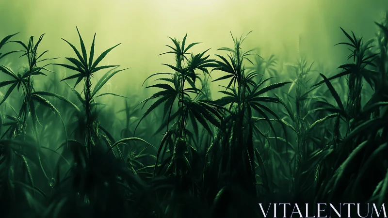 Lush cannabis field rises through moody green twilight haze.