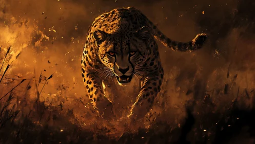 Cheetah in Dynamic Motion: Layered Fire Smoke and Dramatic Lighting Rendering