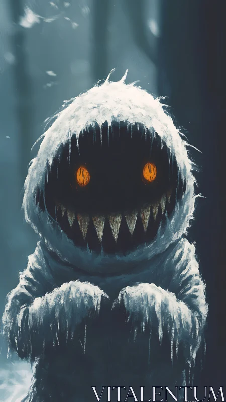 Snow-covered creature with glowing eyes in dark forest.