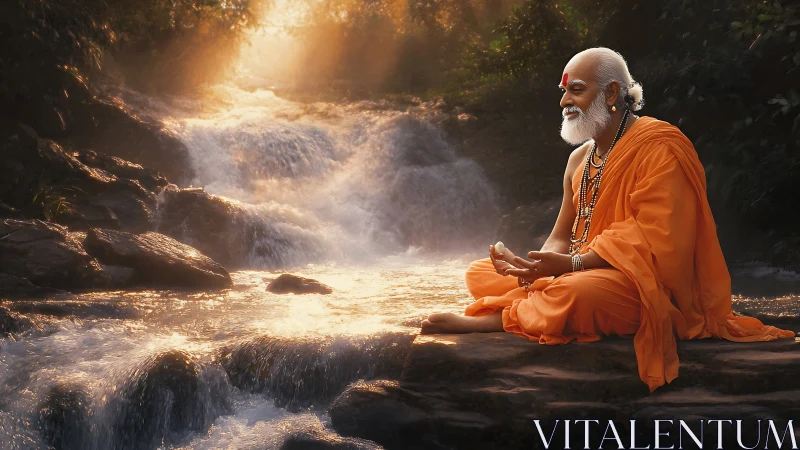 Serene monk in orange robes beside sunlit forest cascade.