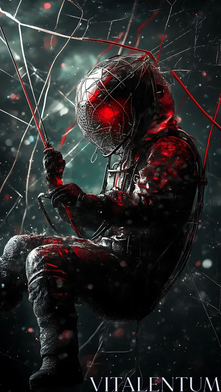 Tethered astronaut hangs in fractured red-lit cosmic void