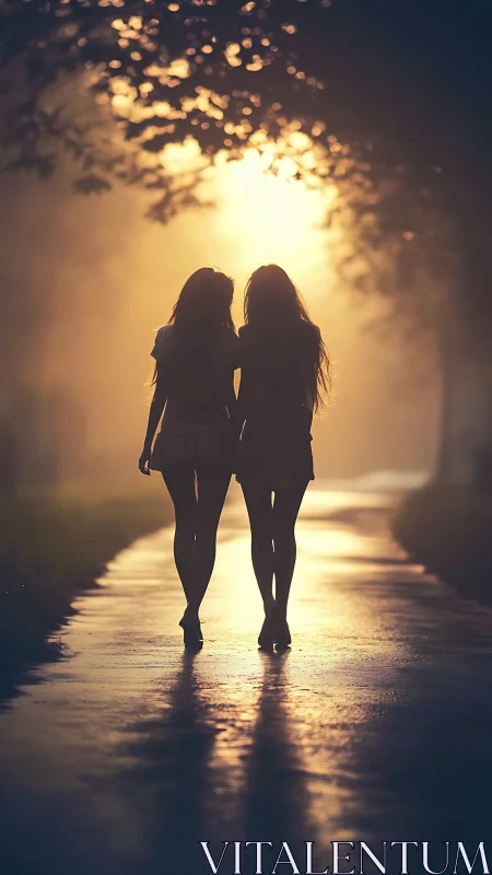 Two figures silhouetted against bright pathway through tree-lined avenue.