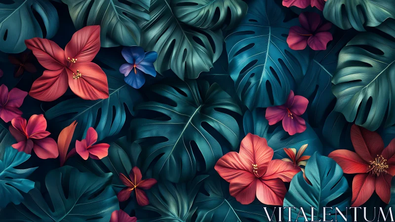 Tropical Florals with Monstera Leaves in Jewel Tones Composition.