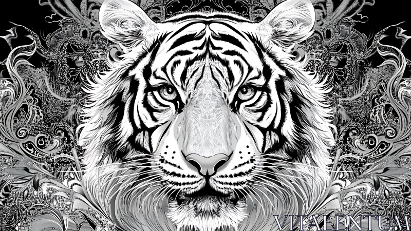 Striped dreamscape tiger framed in swirling silver florals.