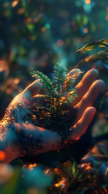 Macro closeup of soil covered hand cradling young fern sprout