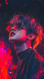 Neon drenched dreamer soaking in electric night glow.