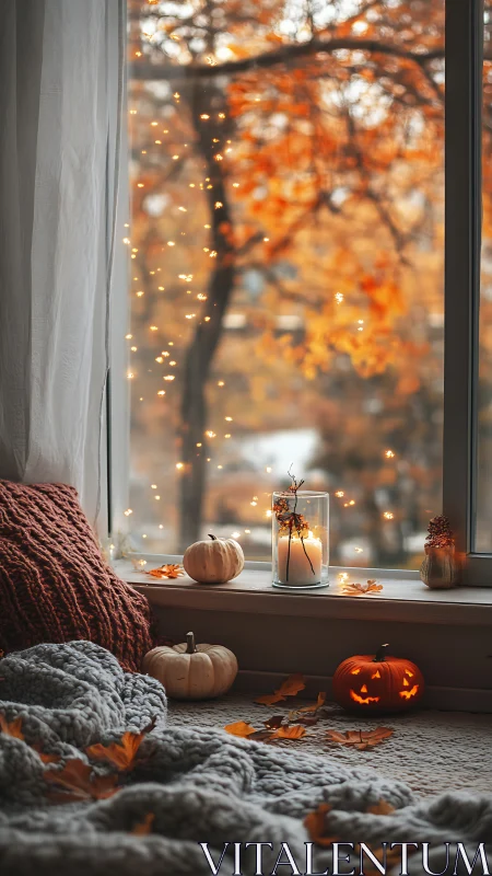 Cozy autumn window nook with pumpkins and candlelight glow.