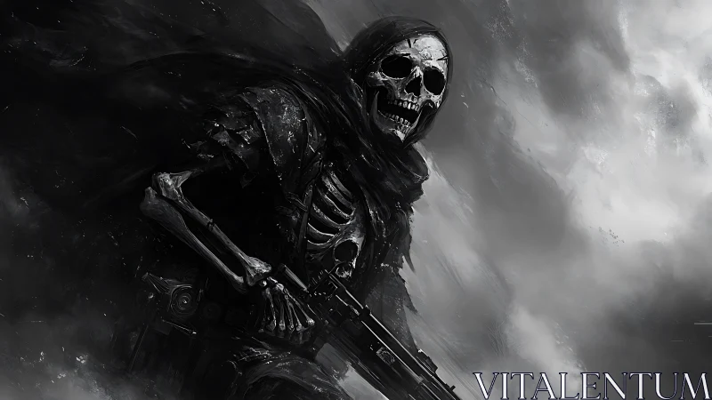 Skeletal combat reaper advances through stormy monochrome battlefield