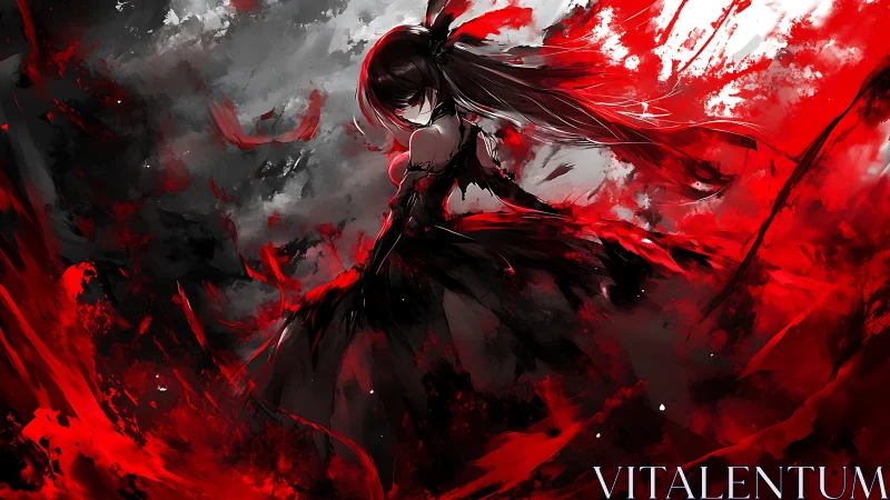 Bloodlit anime swordswoman in swirling crimson stormscape.