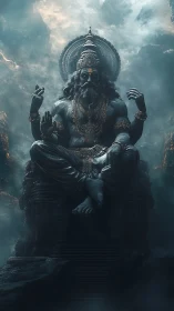 Majestic seated deity radiates calm power in misty heights