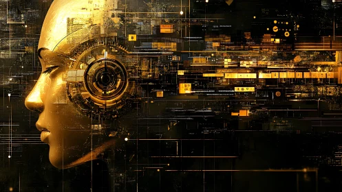 Golden cyber-muse dreaming in a lattice of radiant circuits.