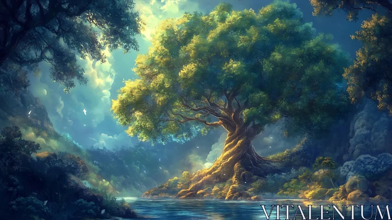 Luminous fantasy tree above tranquil forest river at dawn.