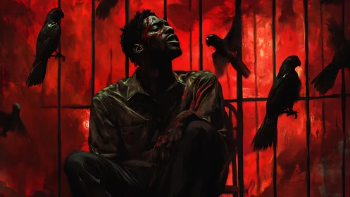 Man screams in crimson cage as circling crows close in