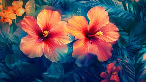 Tropical Hibiscus Blooms Dance Against Shadowed Teal Foliage