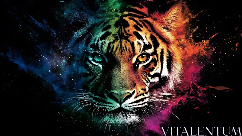 Tiger portrait with multicolor nebula-like abstract background.