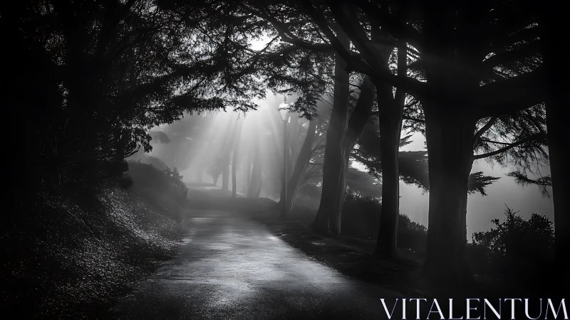 Foggy forest road catches strong backlit morning rays