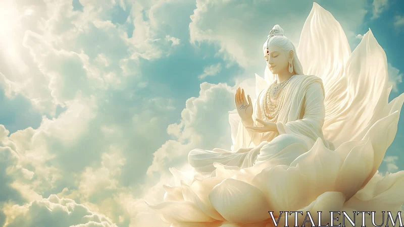 Serene celestial deity seated on radiant lotus above clouds