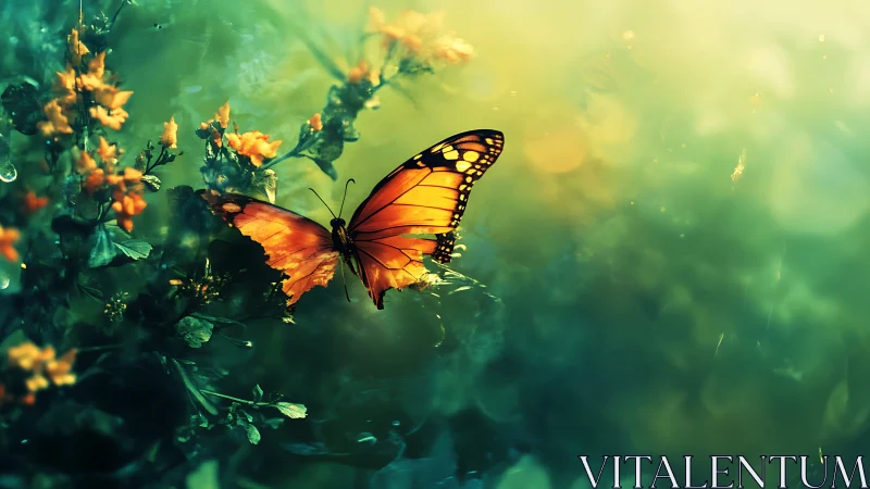 Monarch butterfly glows against dreamy teal bokeh garden.