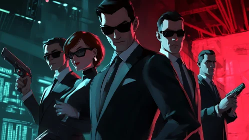 Stylized suited agents in tense neon-lit standoff scene.