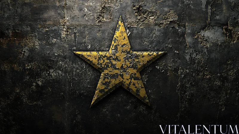 Aged metallic star relief contrasts against corroded steel wall