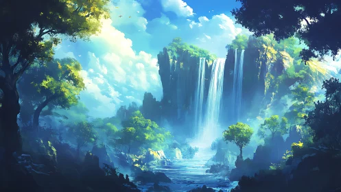 Luminous Cascade: Portal Waterfall Through Enchanted Forest Realm.