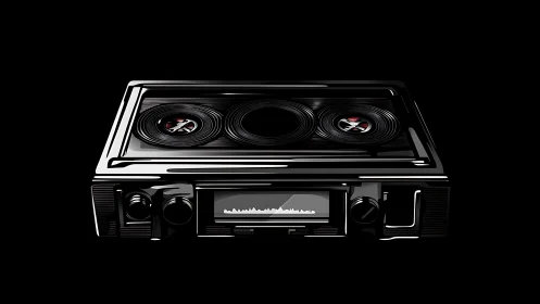 Classic Car Dashboard Stereo System: High-Contrast Monochromatic Rendering.